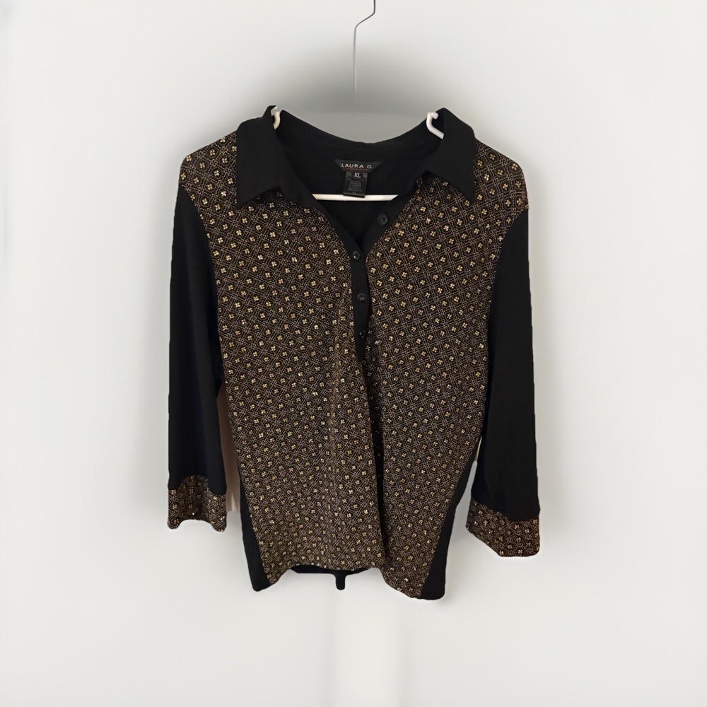LAURA G Vintage Blouse Black & Gold Collared Pullover Retro Y2K Sz Xl